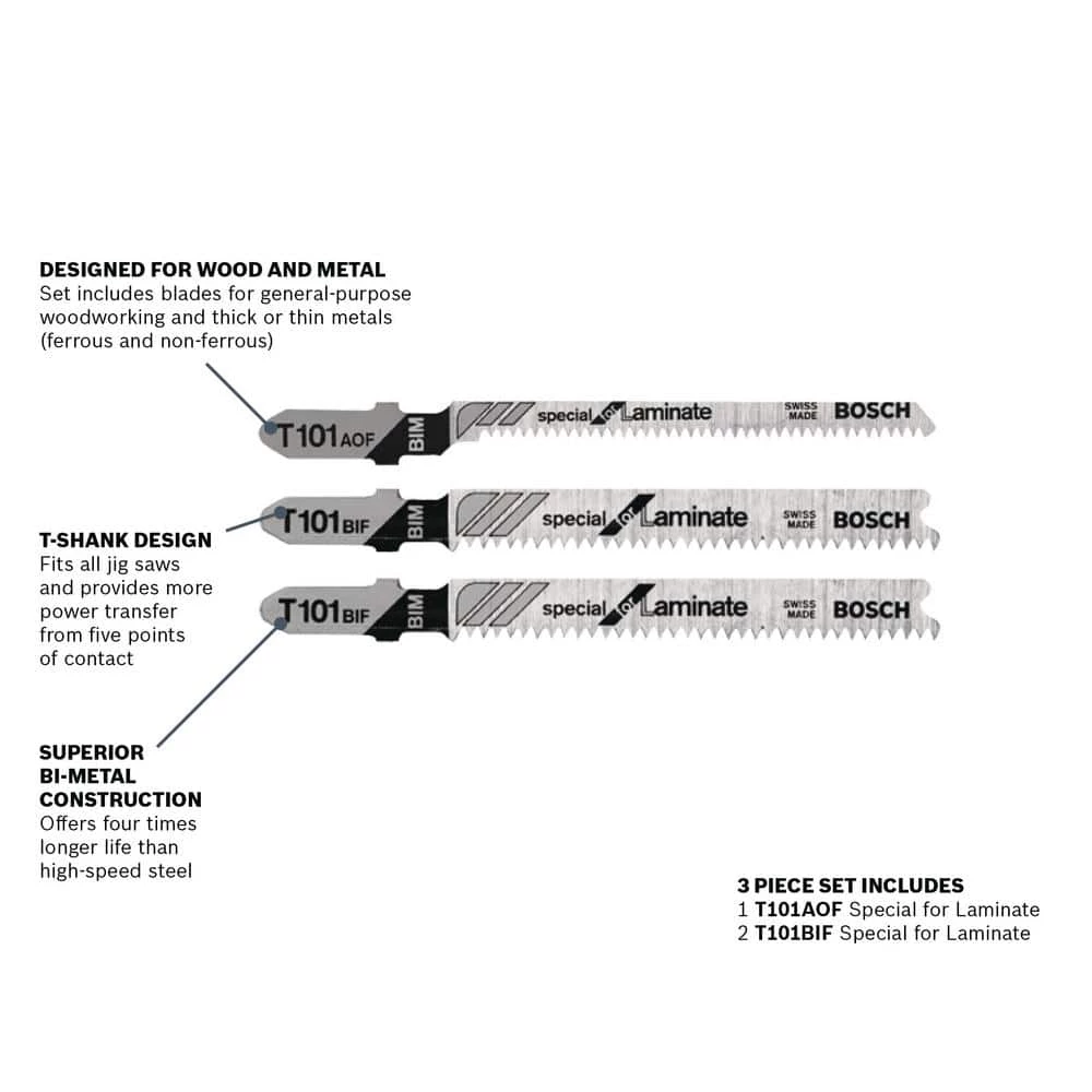Laminate Flooring Bi-Metal Jig Saw Blade Assortment for Cutting Laminated Materials and Plywood (3-Pack) by Bosch 2 Laminate Flooring Bi-Metal Jig Saw Blade Assortment for Cutting Laminated Materials and Plywood (3-Pack) by Bosch - Image 2