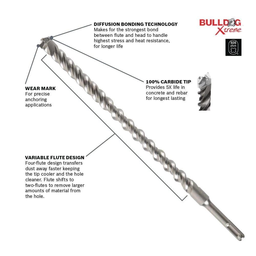 Bulldog Xtreme 3/16 in. x 4 in. x 6-1/2 in. SDS-Plus Carbide Rotary Hammer Drill Bit by Bosch 2 Bulldog Xtreme 3/16 in. x 4 in. x 6-1/2 in. SDS-Plus Carbide Rotary Hammer Drill Bit by Bosch - Image 2